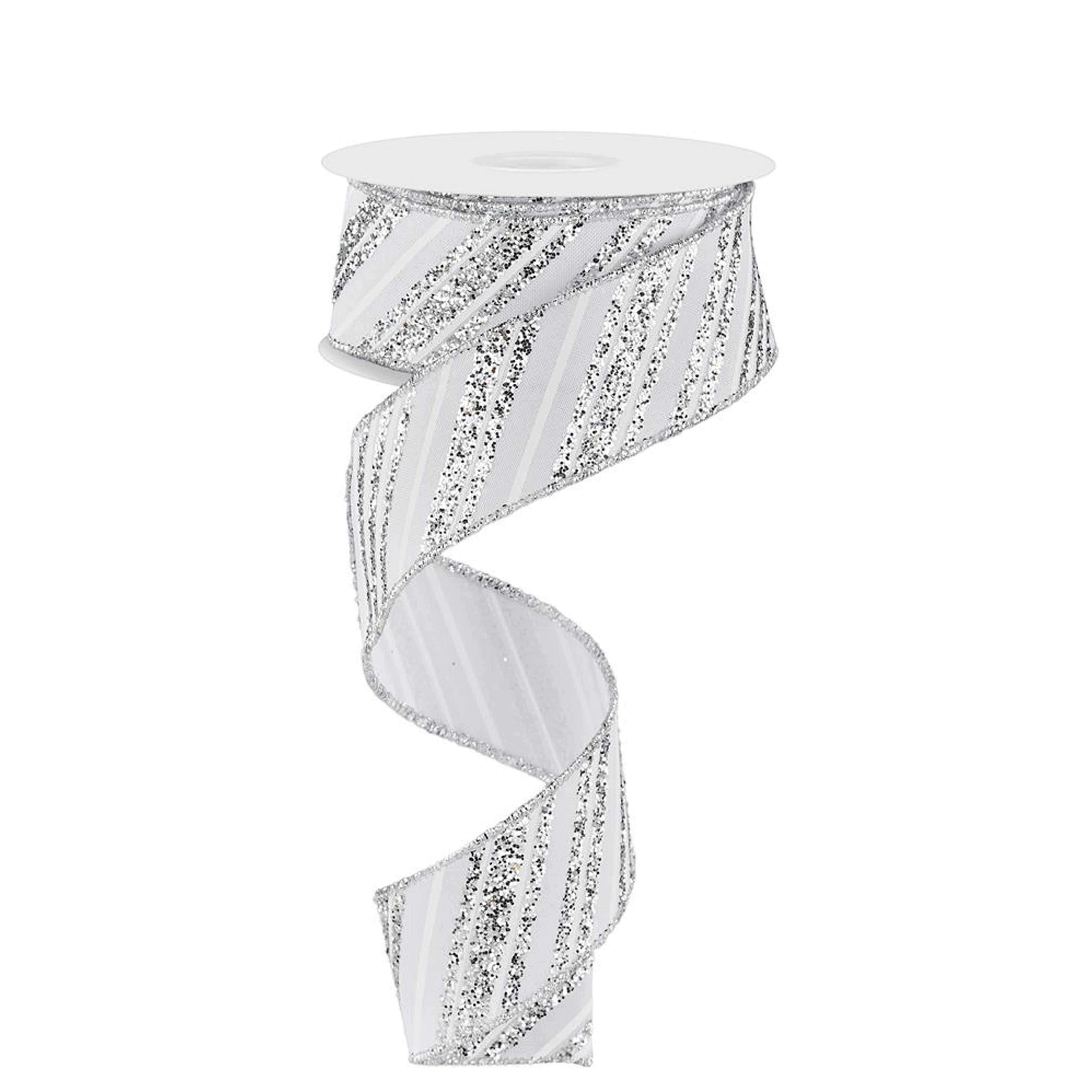1.5in Diagonal Line Glitter Ribbon: White/Silver (10 Yards)
