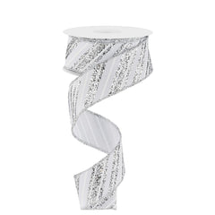 1.5in Diagonal Line Glitter Ribbon: White/Silver (10 Yards)