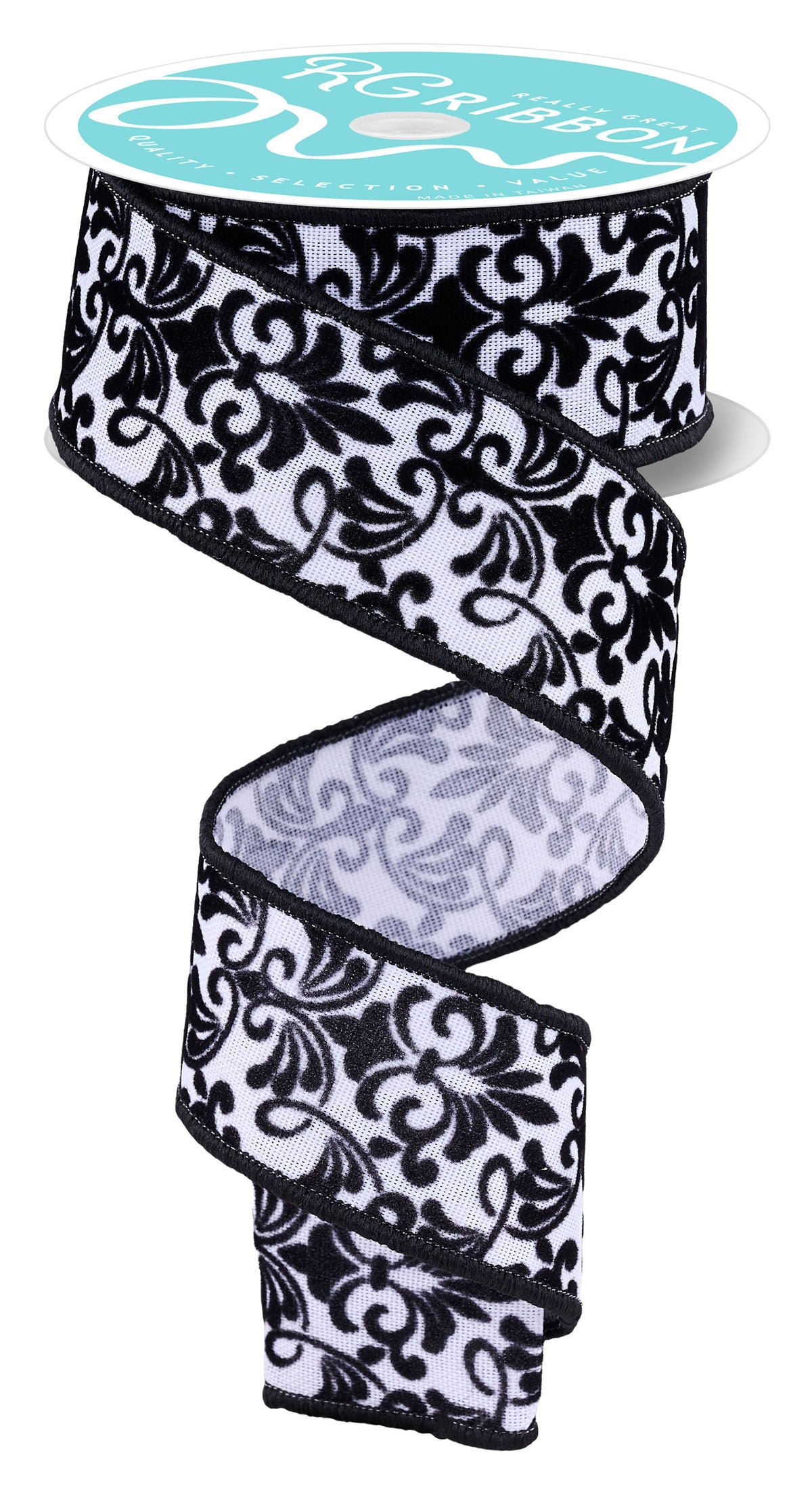 1.5in Flock Damask Ribbon: Black & White (10 Yards)