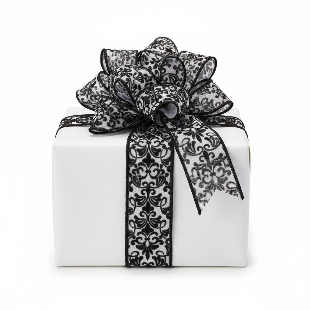 1.5in Flock Damask Ribbon: Black & White (10 Yards)