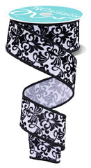 1.5in Flock Damask Ribbon: Black & White (10 Yards)