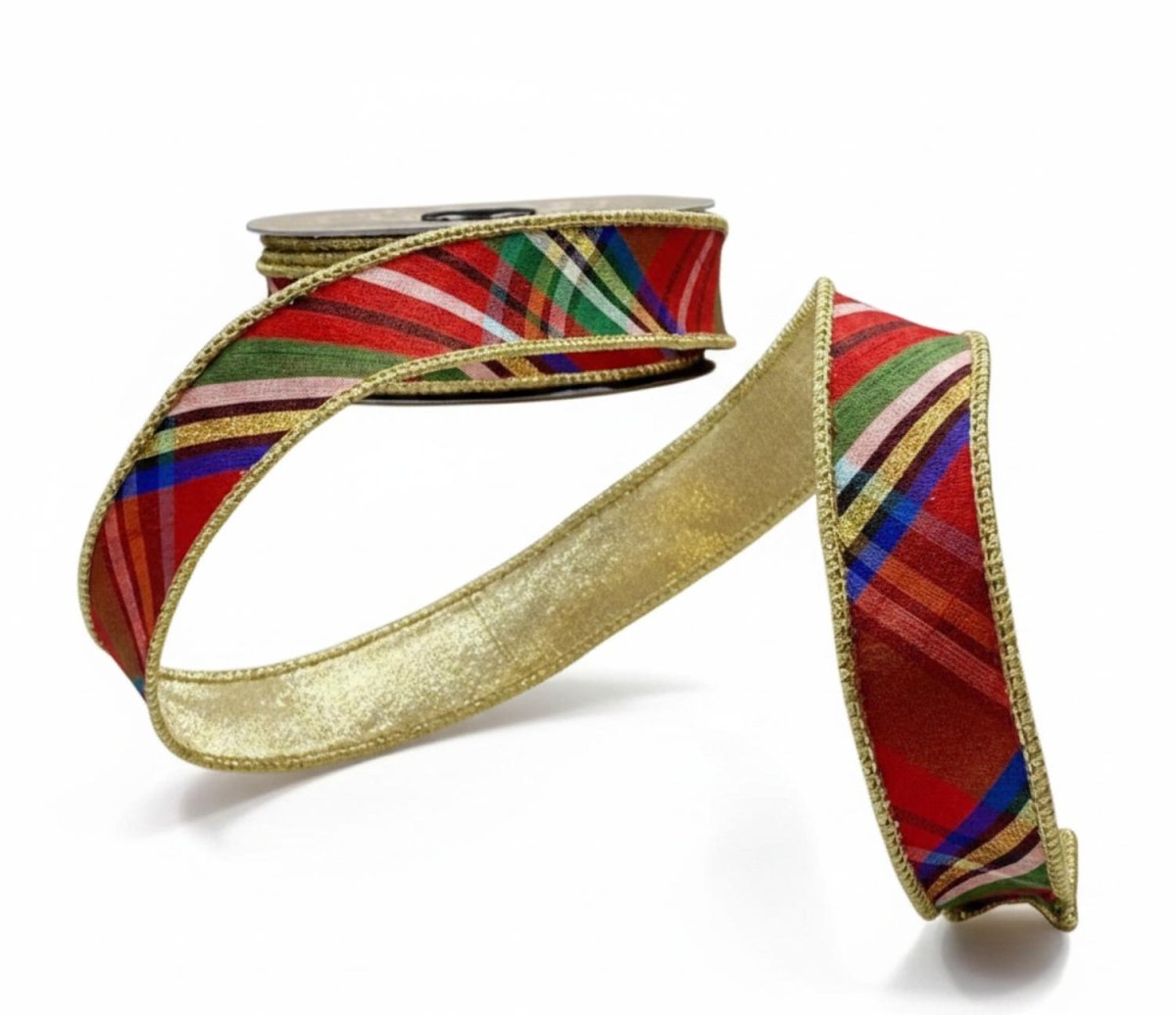 1" Faux Dupioni Gold Back Diagonal Nutcracker Plaid Ribbon (10 Yards)