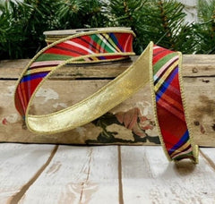 1" Faux Dupioni Gold Back Diagonal Nutcracker Plaid Ribbon (10 Yards)