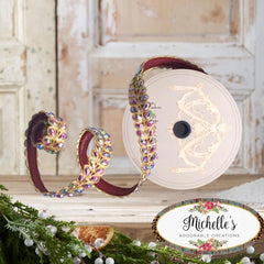 1" Jewel Aurora Leaves Ribbon: Burgundy (5 Yards)