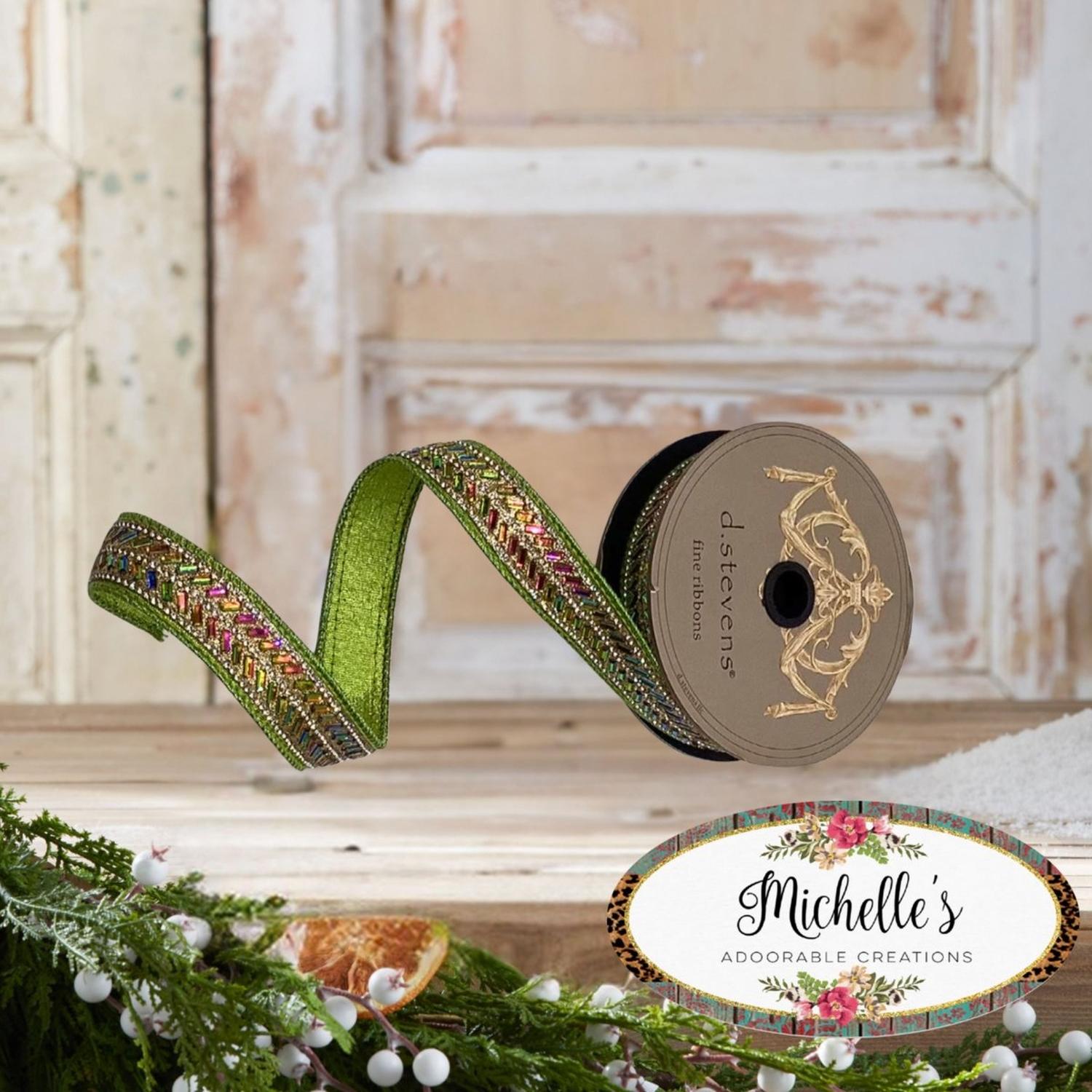 1" Metallic Dupion Herringbone Jewel Ribbon: Lime (5 Yards)