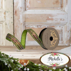 1" Metallic Dupion Herringbone Jewel Ribbon: Lime (5 Yards)