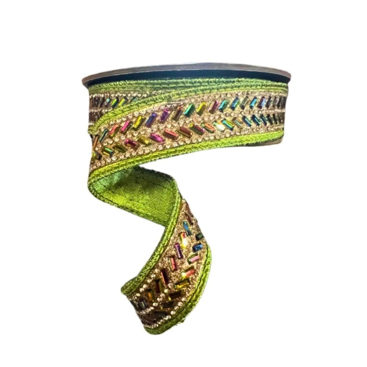 1" Metallic Dupion Herringbone Jewel Ribbon: Lime (5 Yards)