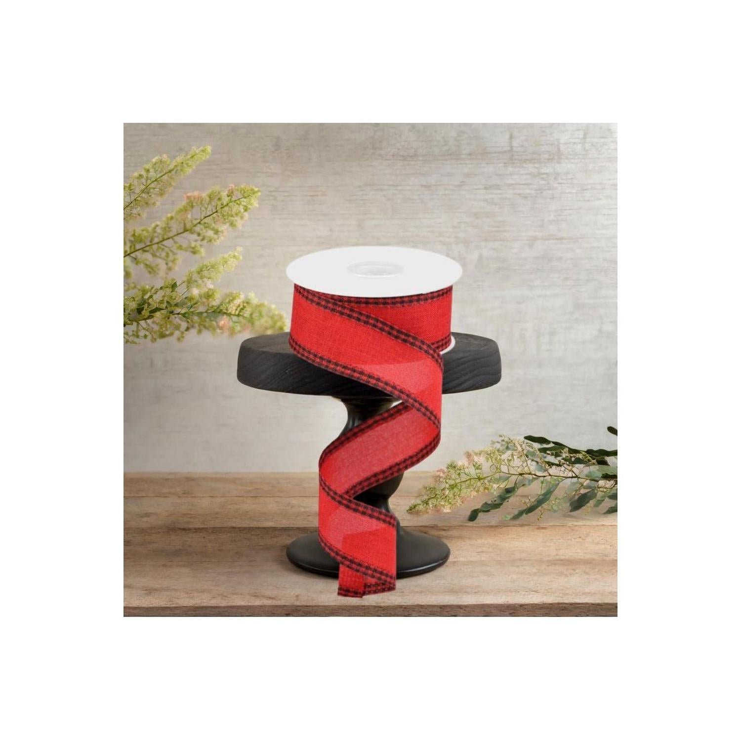 1.5" Black Gingham Edge Ribbon: Red (10 Yards)