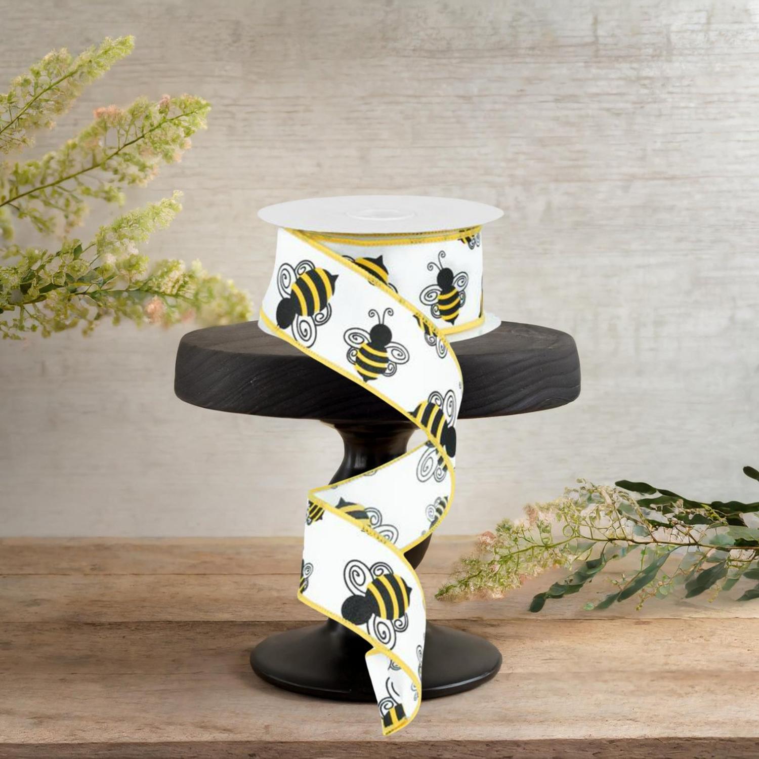1.5" Bumble Bee Ribbon: White Satin (10 Yards)