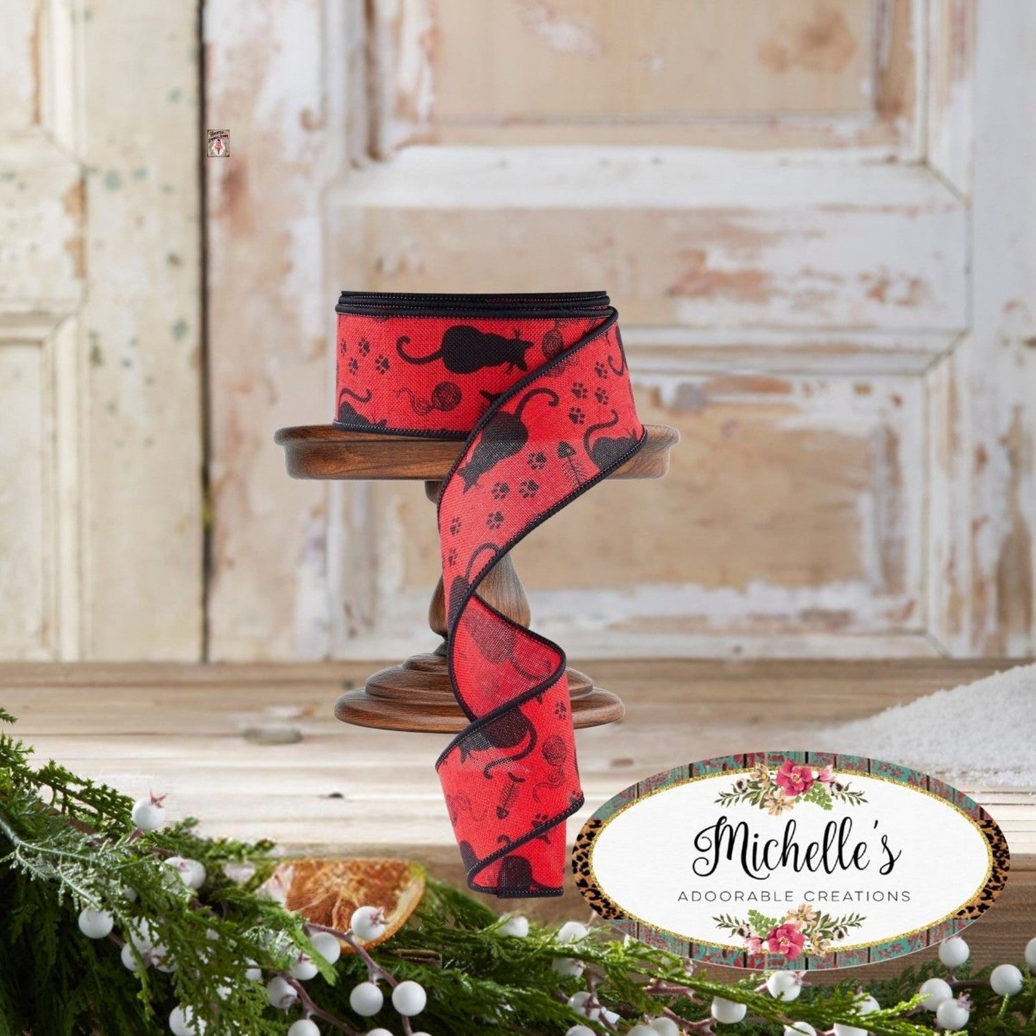 1.5" Cat Silhouettes Ribbon: Red & Black (10 Yards)