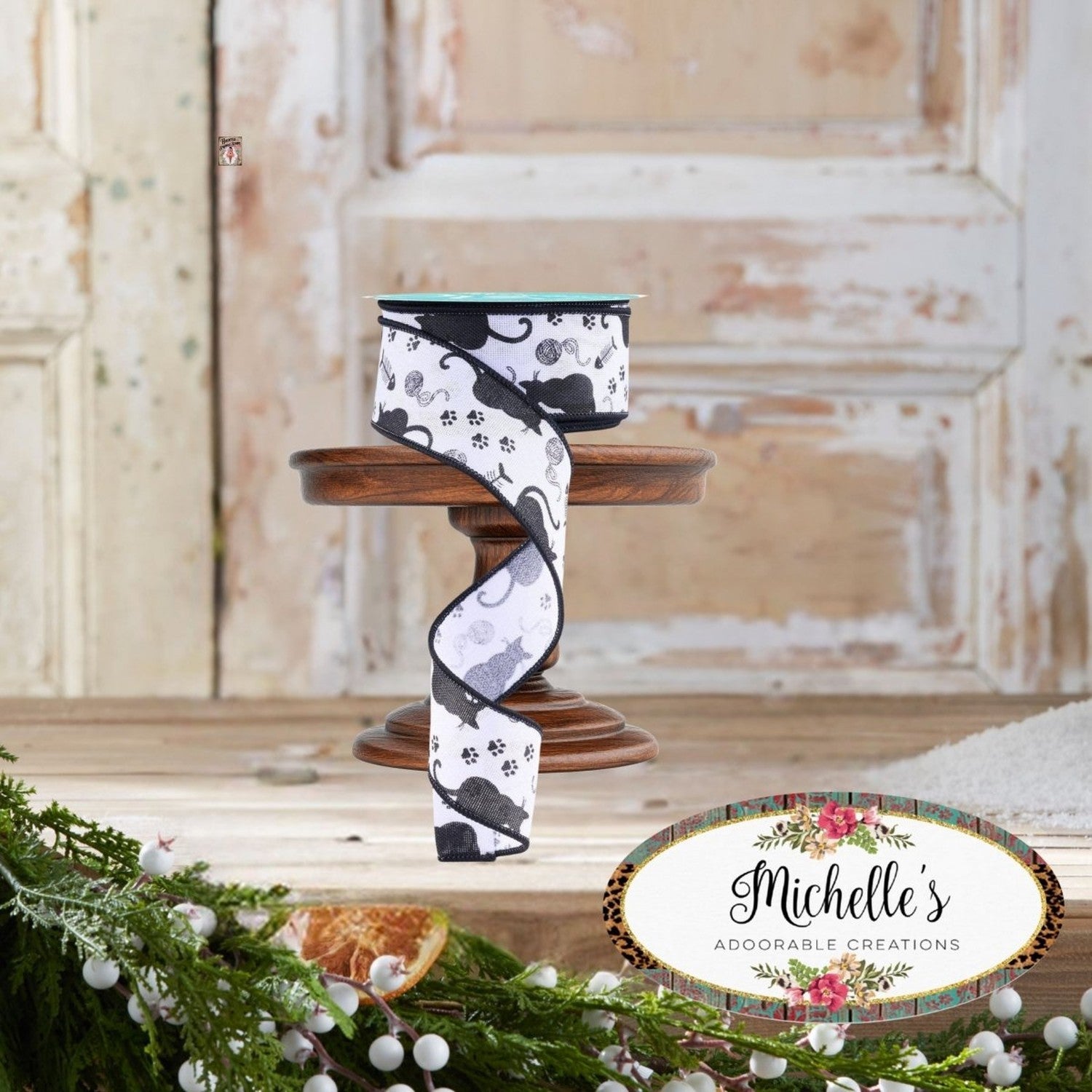 1.5" Cat Silhouettes Ribbon: White & Black (10 Yards)