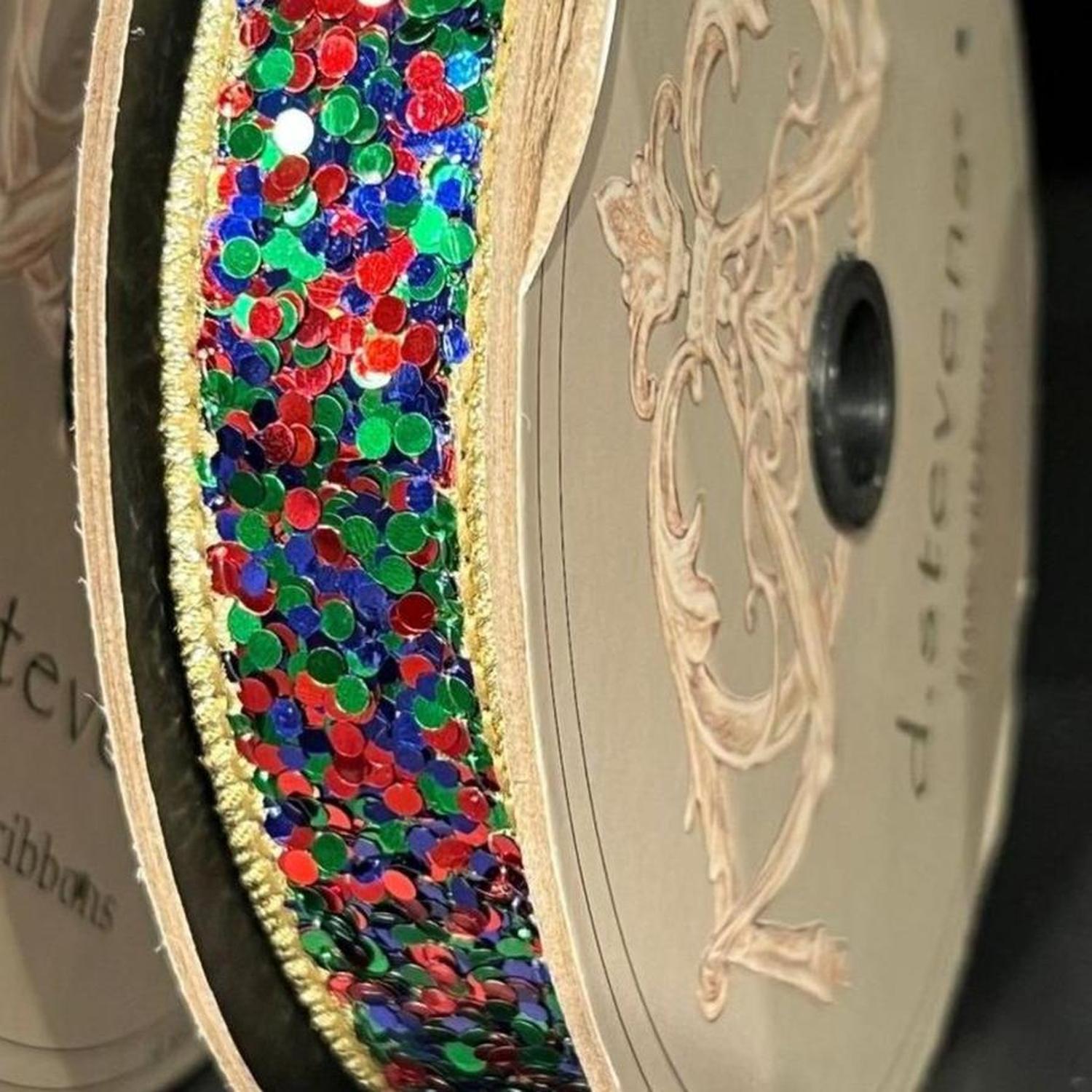 1" Cirque Glitter Ribbon: Emerald Green/Red/Blue (10 Yards)