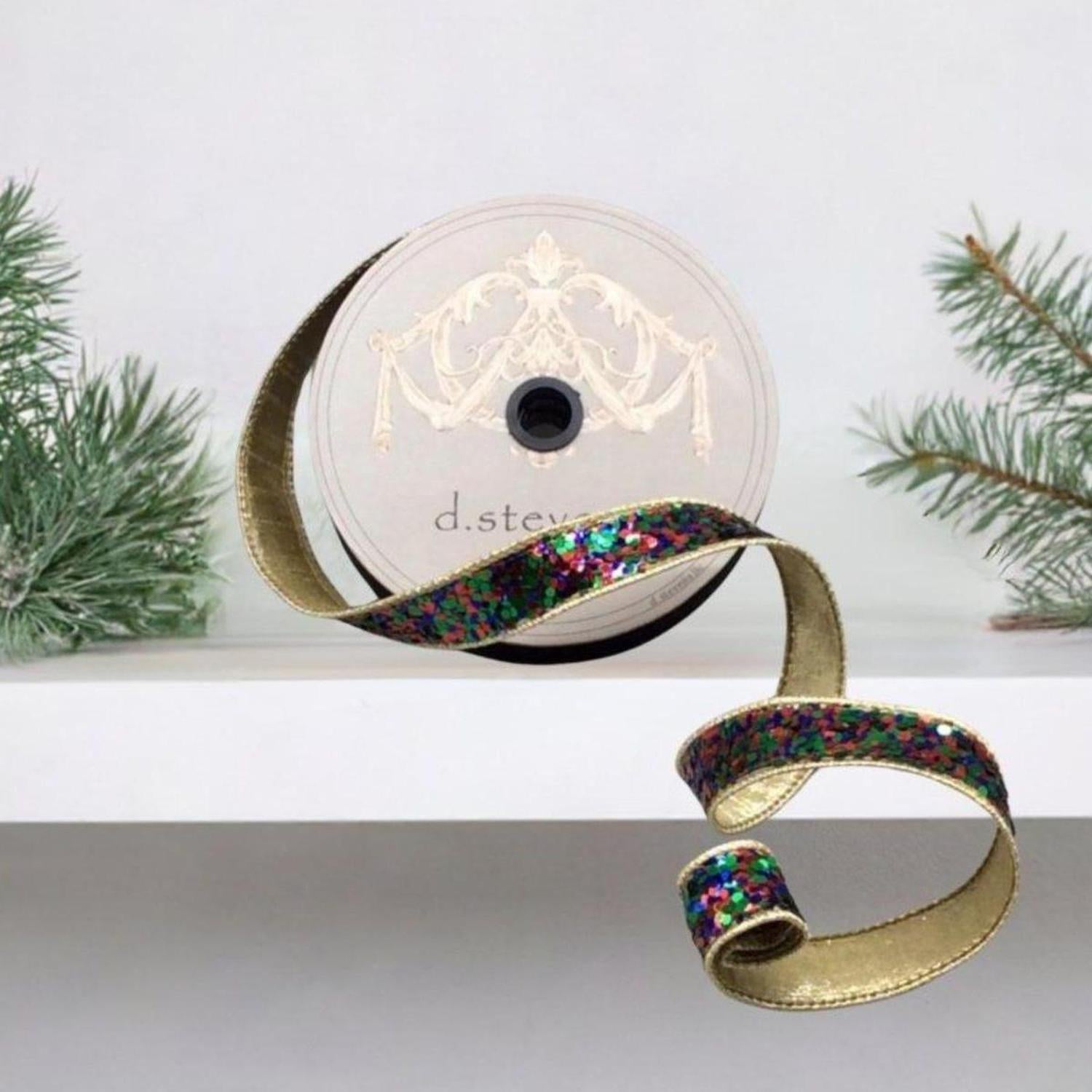 1" Cirque Glitter Ribbon: Emerald Green/Red/Blue (10 Yards)