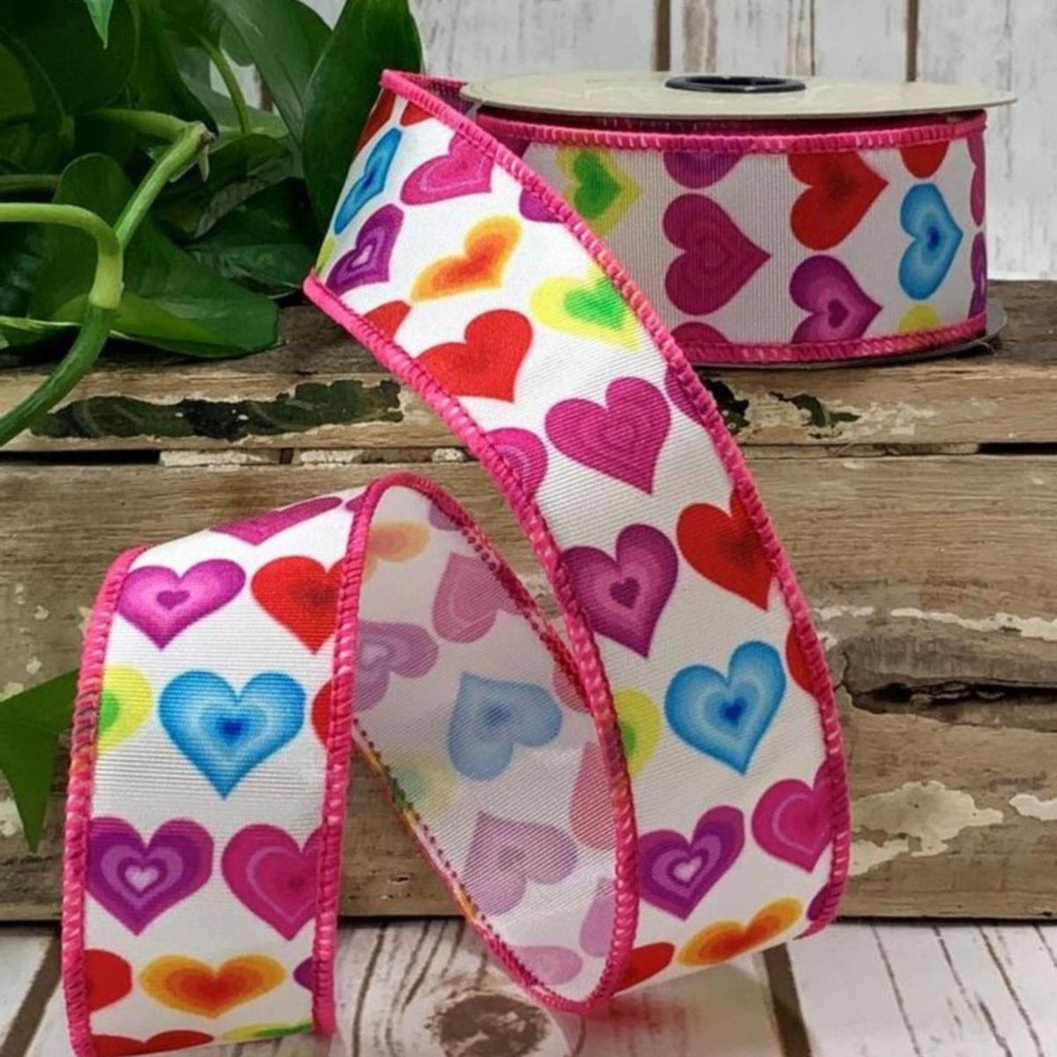 1.5" Colorful Hearts Ribbon: White (10 Yards)