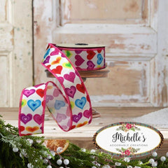 1.5" Colorful Hearts Ribbon: White (10 Yards)