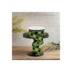 1.5" Diagonal Check On Royal Ribbon: Lime Green (10 Yards)