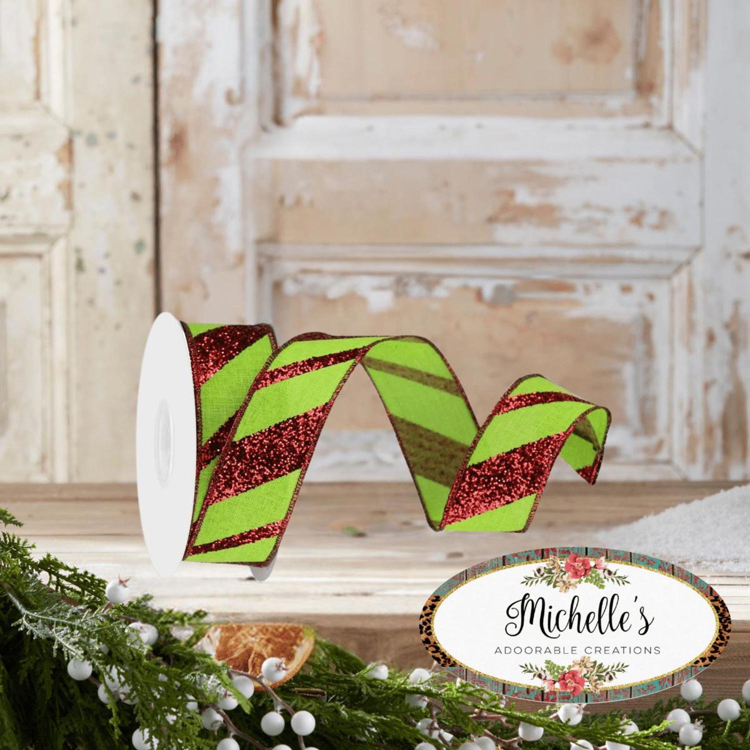 1.5" Diagonal Glitter on Royal Ribbon: Lime Green (10 Yards)