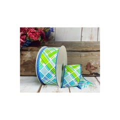 1.5" Diagonal Printed Plaid Ribbon: Aqua (10 Yards)