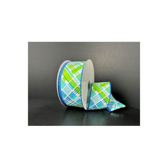 1.5" Diagonal Printed Plaid Ribbon: Aqua (10 Yards)