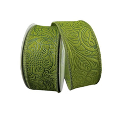 1.5" Flower Embossed Ribbon: Moss Green (10 Yards)