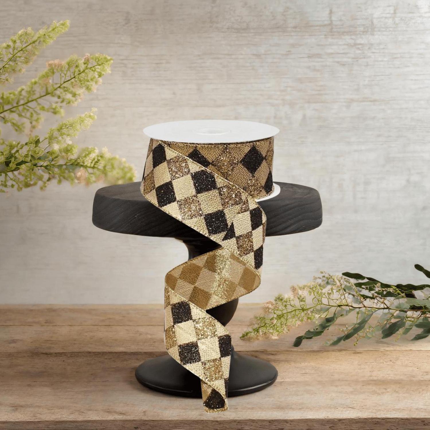 1.5" Glitter Diamond Check Ribbon: Black & Gold (10 Yards)