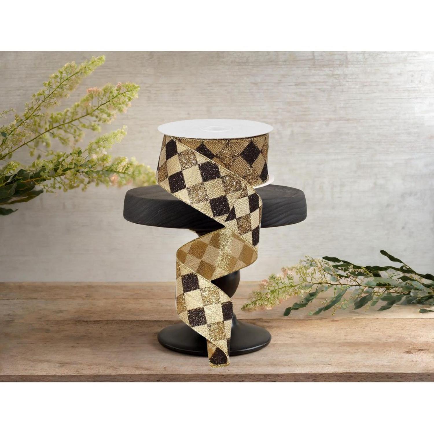 1.5" Glitter Diamond Check Ribbon: Black & Gold (10 Yards)