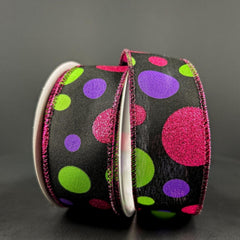 1.5" Glitter Dots Black Ribbon: Fuchsia, Lime Green Purple (10 Yards)