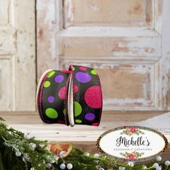 1.5" Glitter Dots Black Ribbon: Fuchsia, Lime Green Purple (10 Yards)