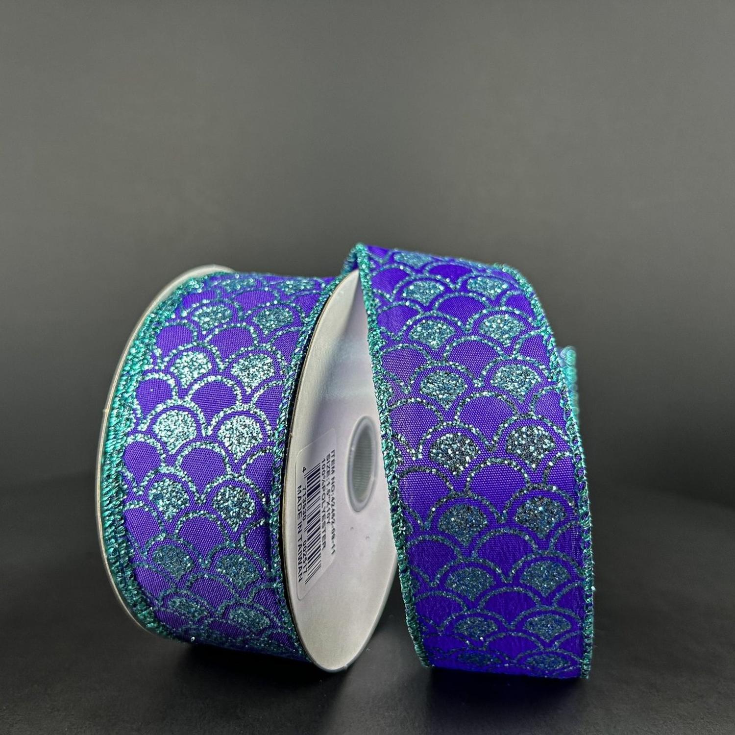 1.5" Glitter Fish Scales Ribbon: Purple/Aqua (10 Yards)