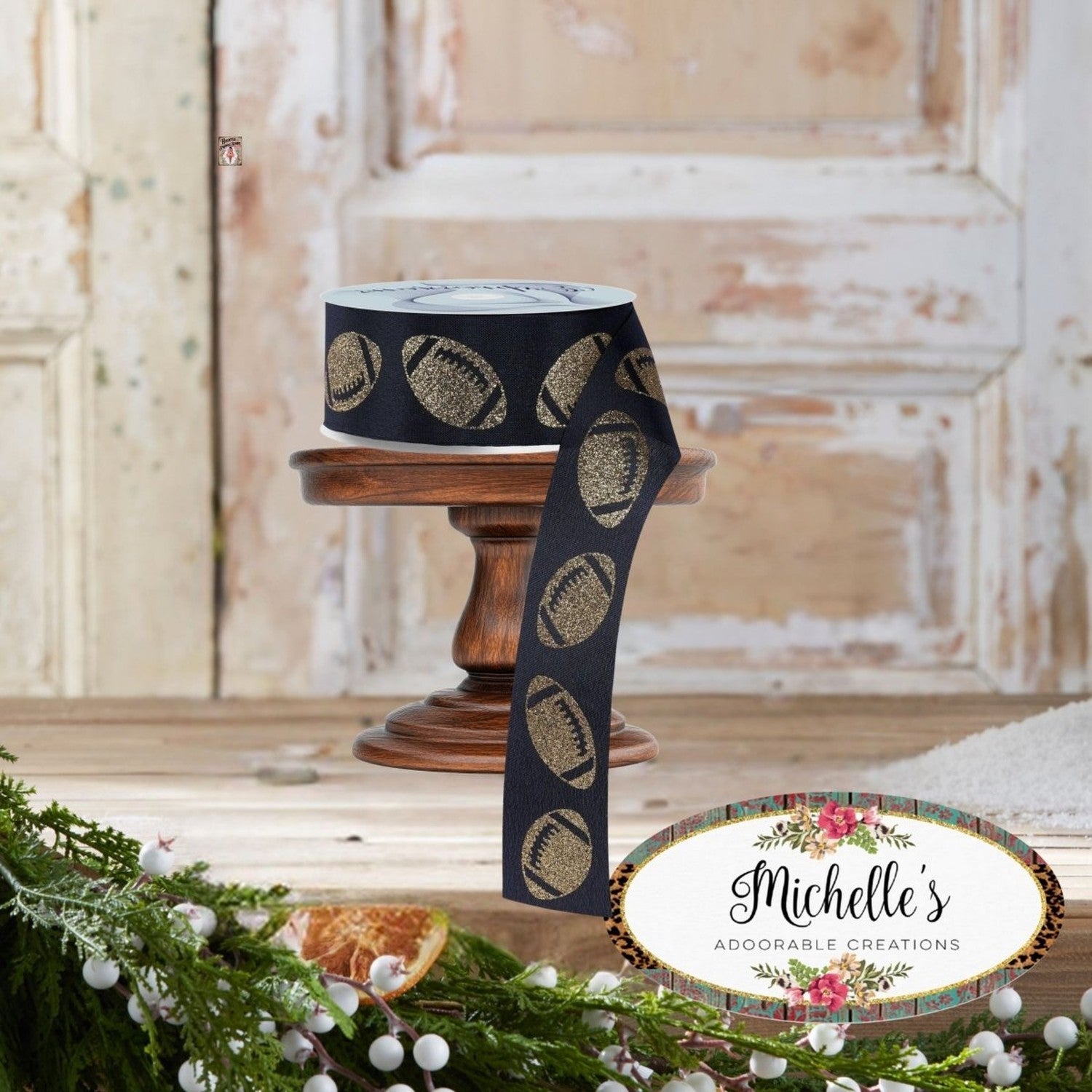 1.5" Glitter Football Ribbon: Black/Gold (100 Feet)