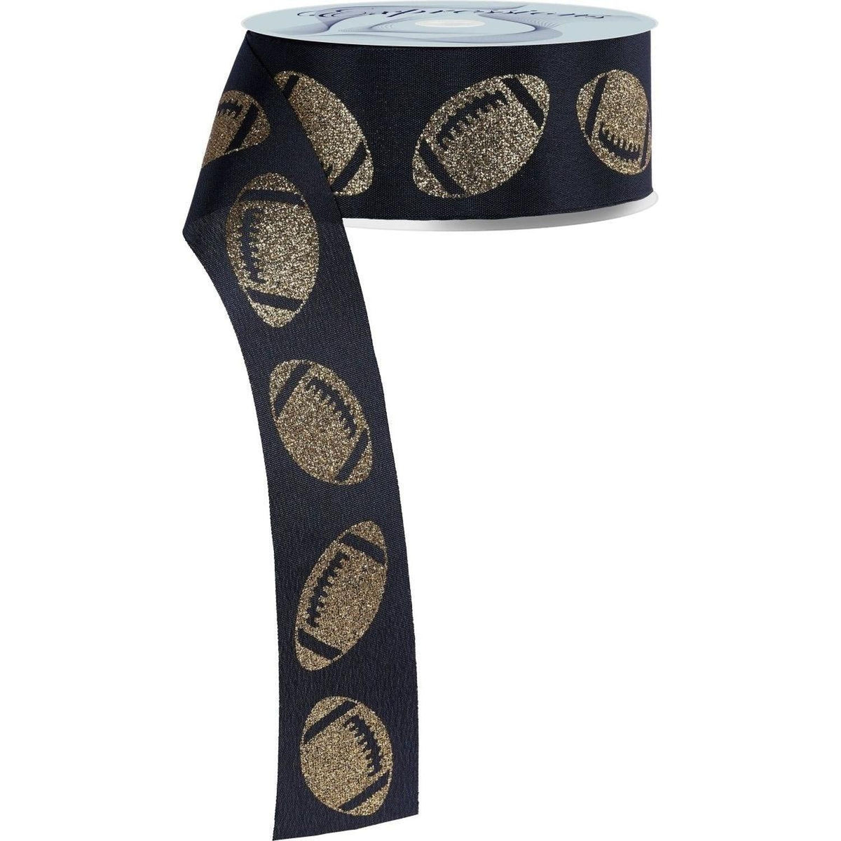 1.5" Glitter Football Ribbon: Black/Gold (100 Feet)