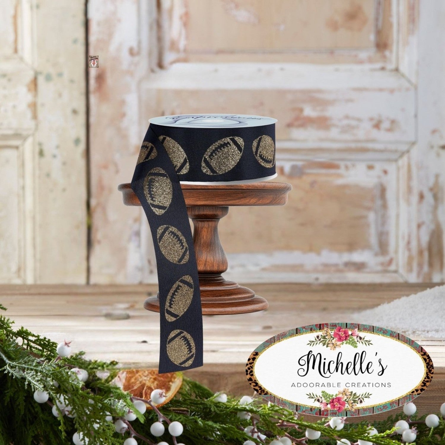 1.5" Glitter Football Ribbon: Black/Gold (100 Feet)