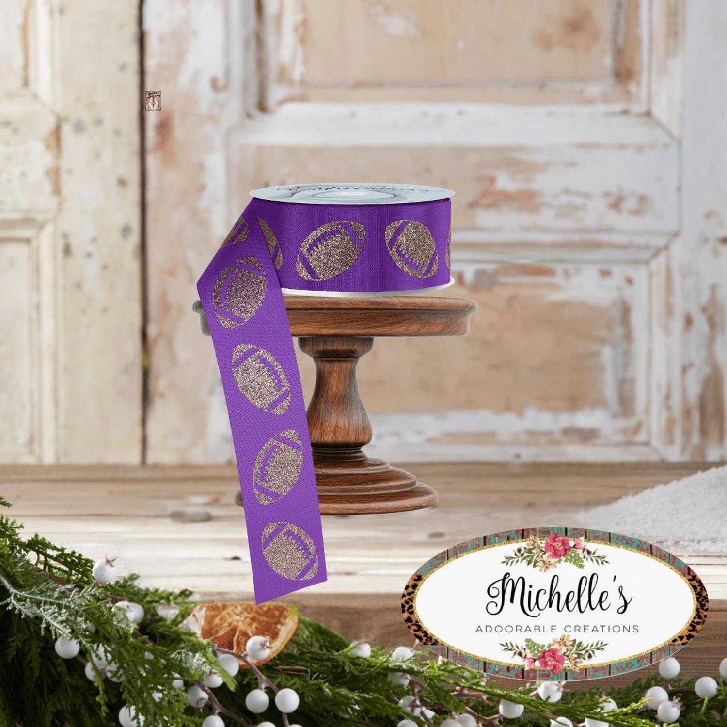 1.5" Glitter Football Ribbon: Purple/Gold (100 Feet)