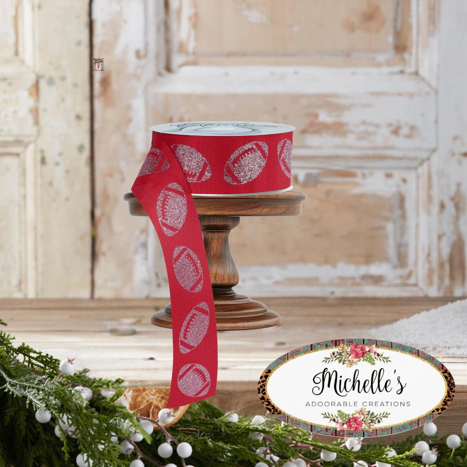 1.5" Glitter Football Ribbon: Red/Silver (100 Feet)