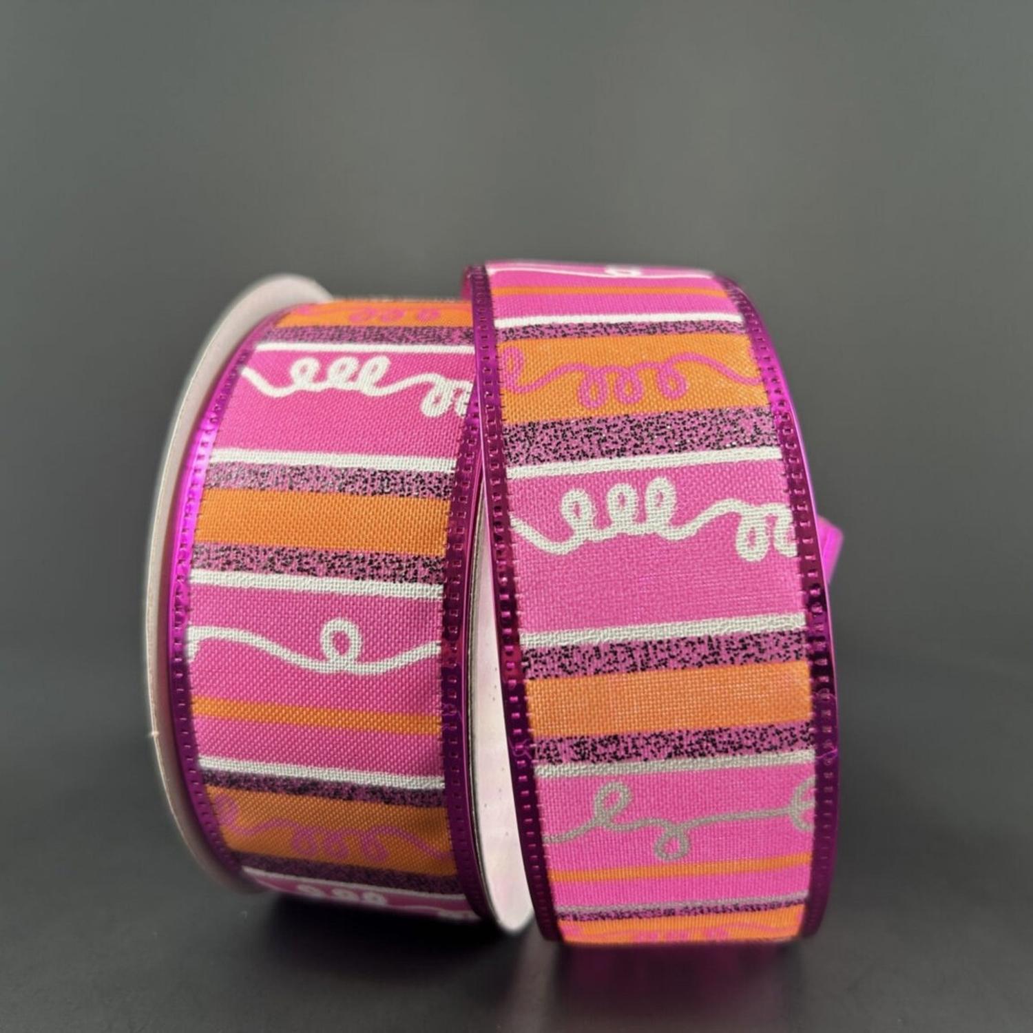 1.5" Glitter Loopy Stripes Ribbon: Fuchsia, Orange, Black (10 Yards)