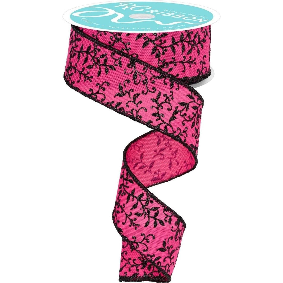 1.5" Glitter Mini Leaf Vines Ribbon: Pink/Black (10 Yards)