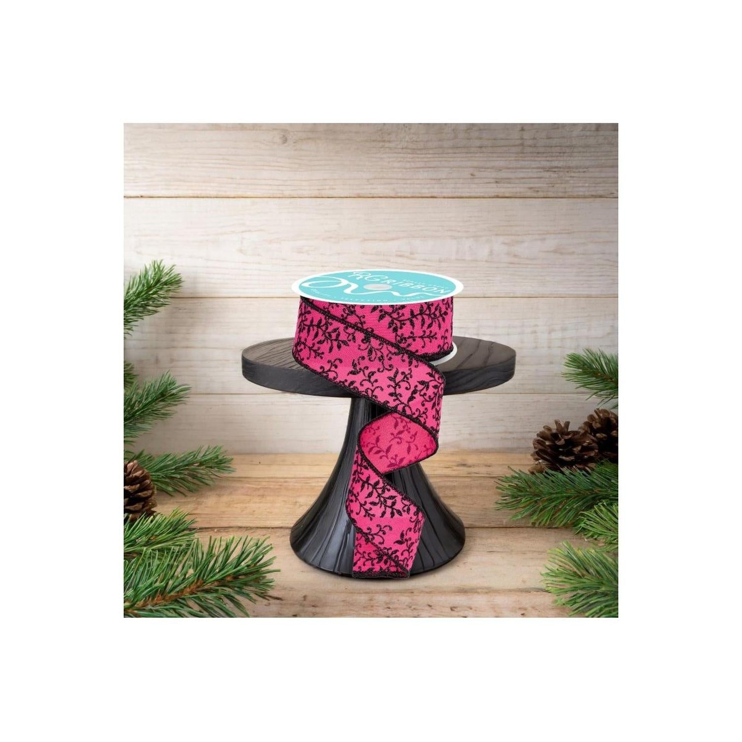 1.5" Glitter Mini Leaf Vines Ribbon: Pink/Black (10 Yards)