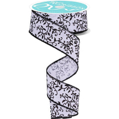 1.5" Glitter Mini Leaf Vines Ribbon: White/Black (10 Yards)