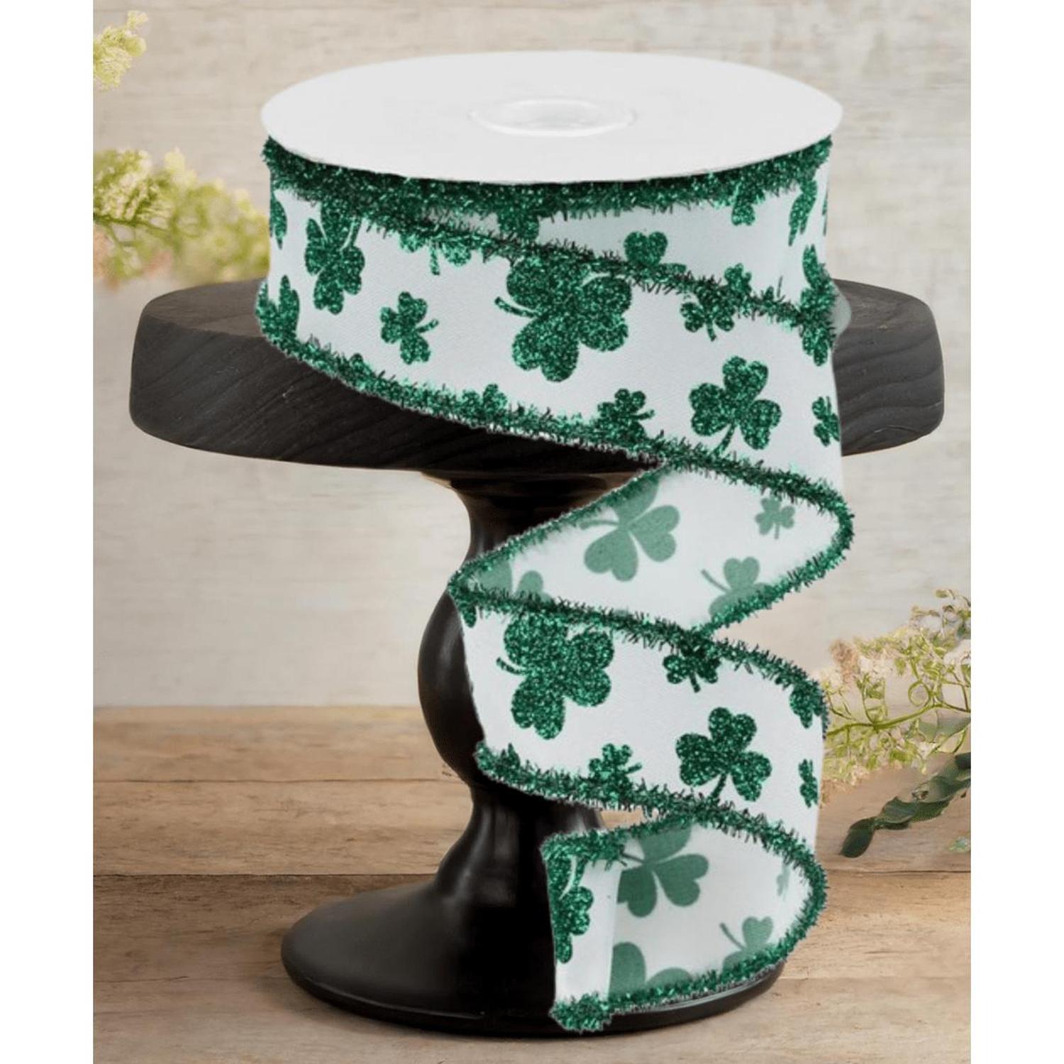 1.5" Glitter Shamrock Tinsel Ribbon: White (10 Yards)