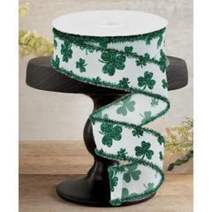 1.5" Glitter Shamrock Tinsel Ribbon: White (10 Yards)