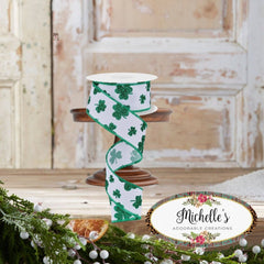 1.5" Glitter Shamrocks Ribbon: White (10 Yards)