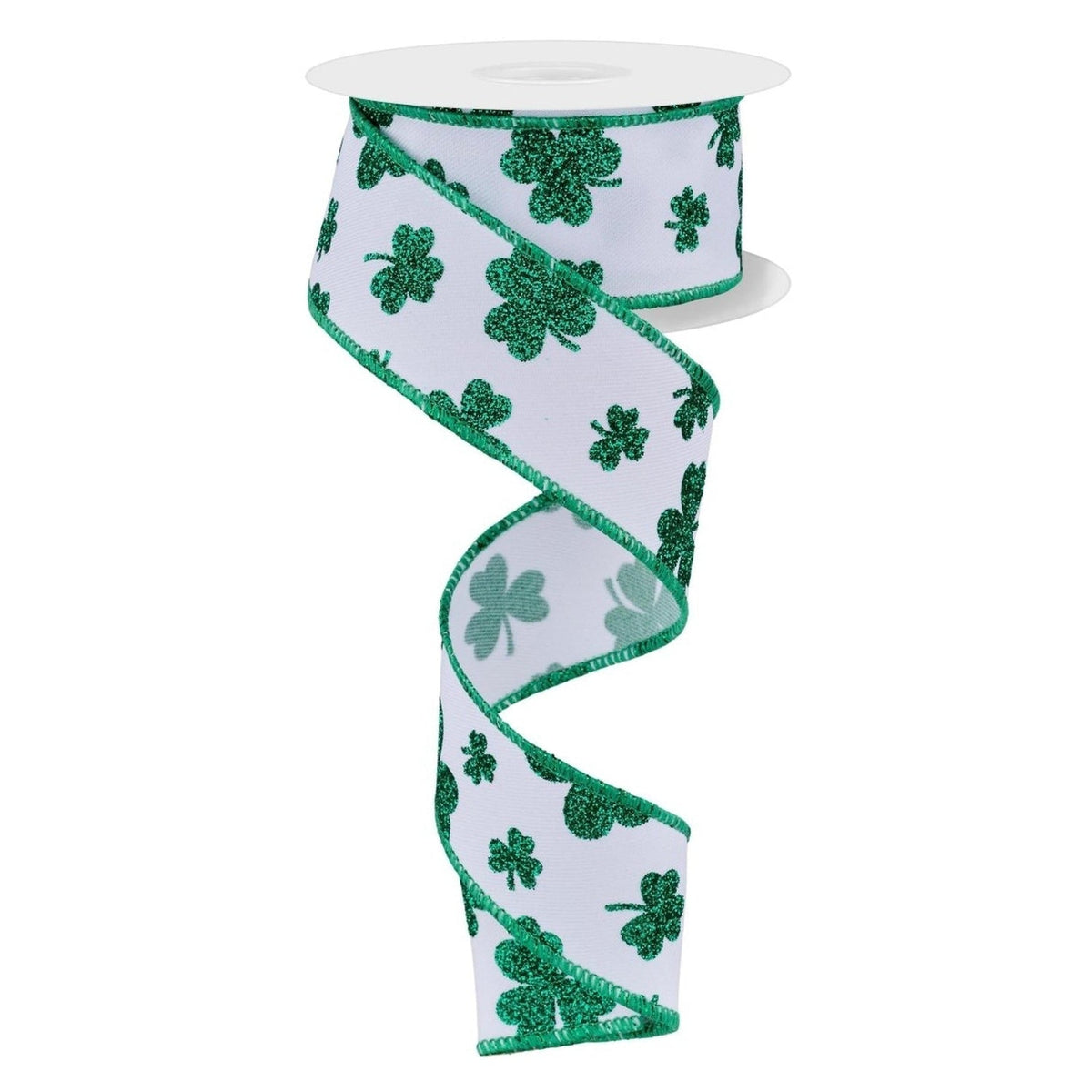 1.5" Glitter Shamrocks Ribbon: White (10 Yards)