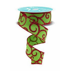 1.5" Glitter Swirl Ribbon: Green/Red (10 Yards)