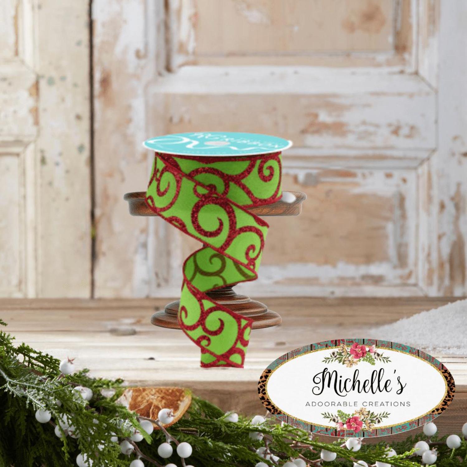 1.5" Glitter Swirl Ribbon: Green/Red (10 Yards)