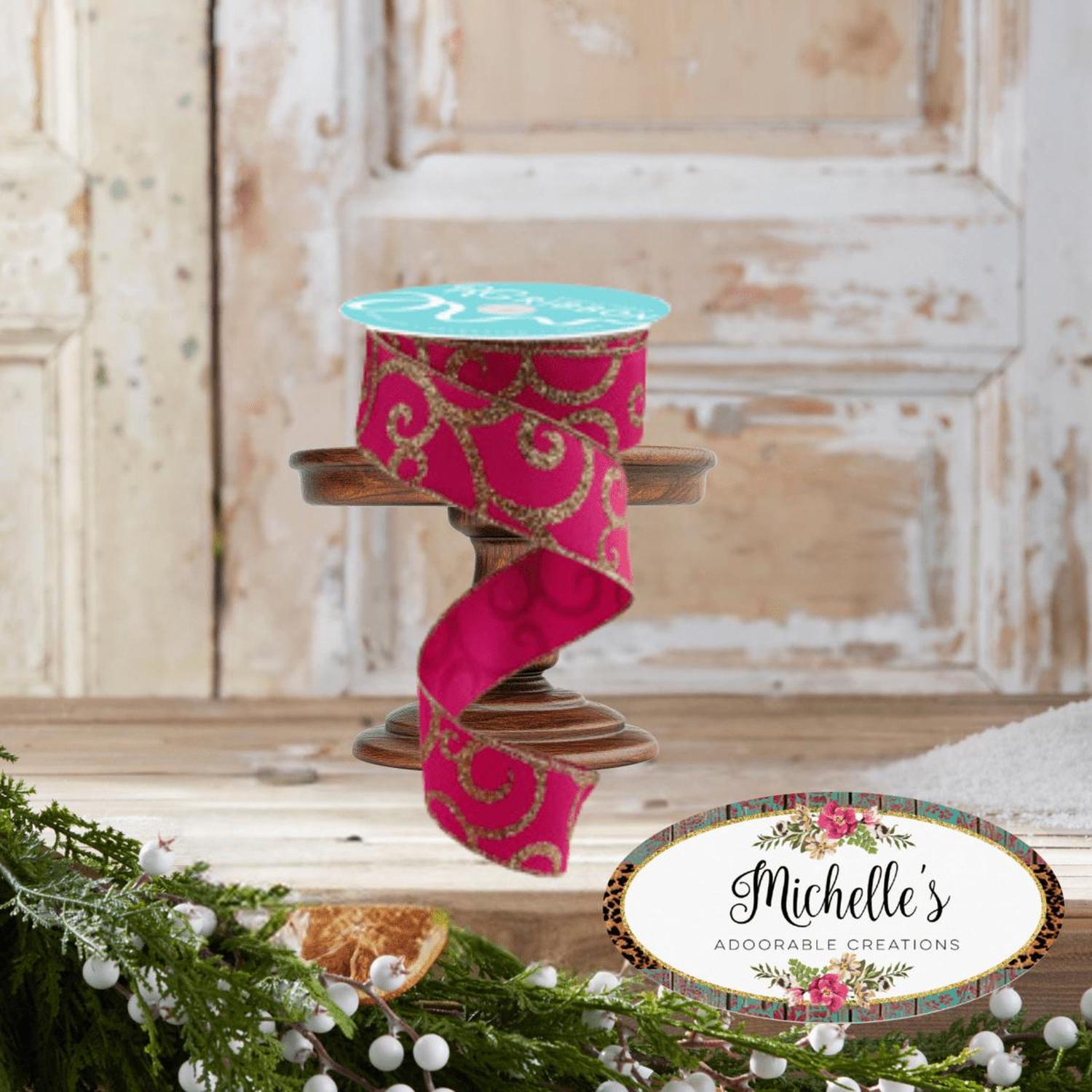 1.5" Glitter Swirl Ribbon: Hot Pink/Gold (10 Yards)