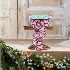1.5" Glitter Swirl Ribbon: White/Red (10 Yards)