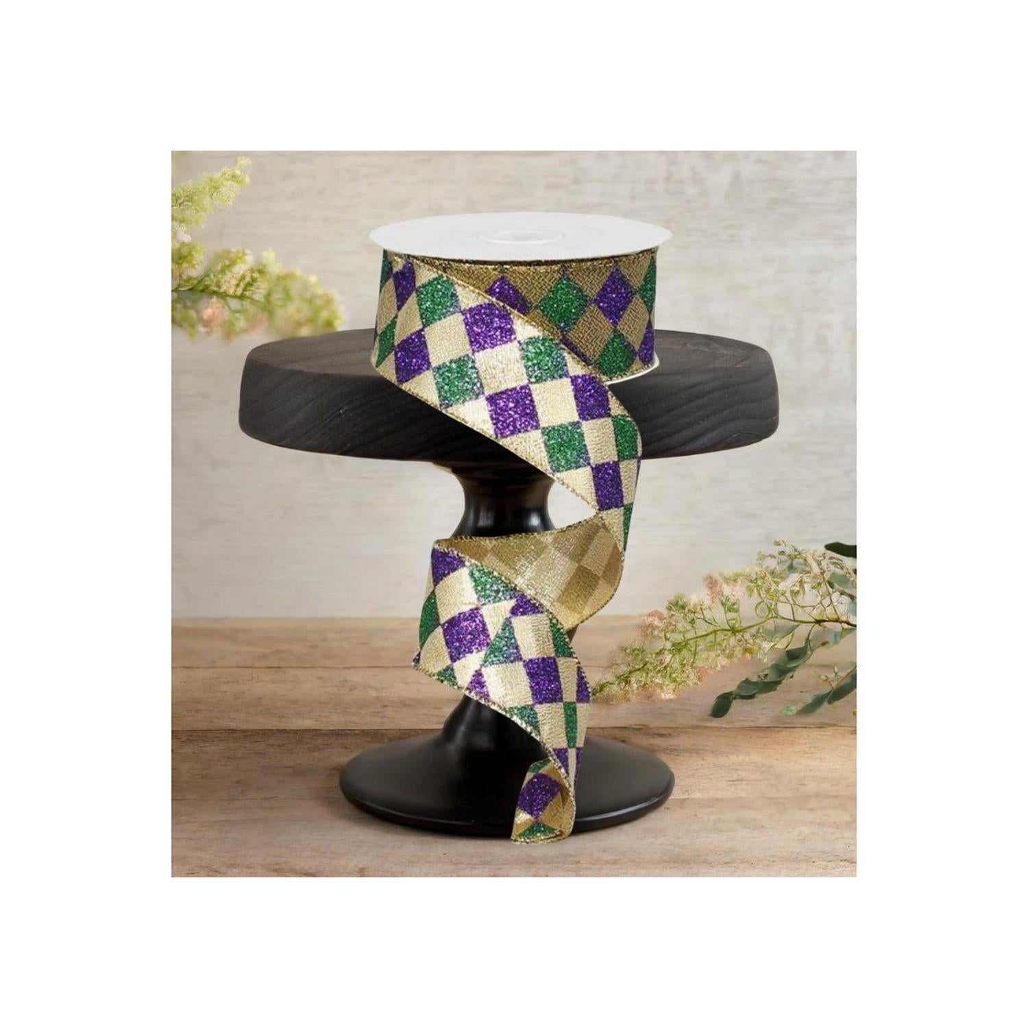 1.5" Harlequin Glitter Diamond Ribbon:  Mardi Gras (10 Yards)