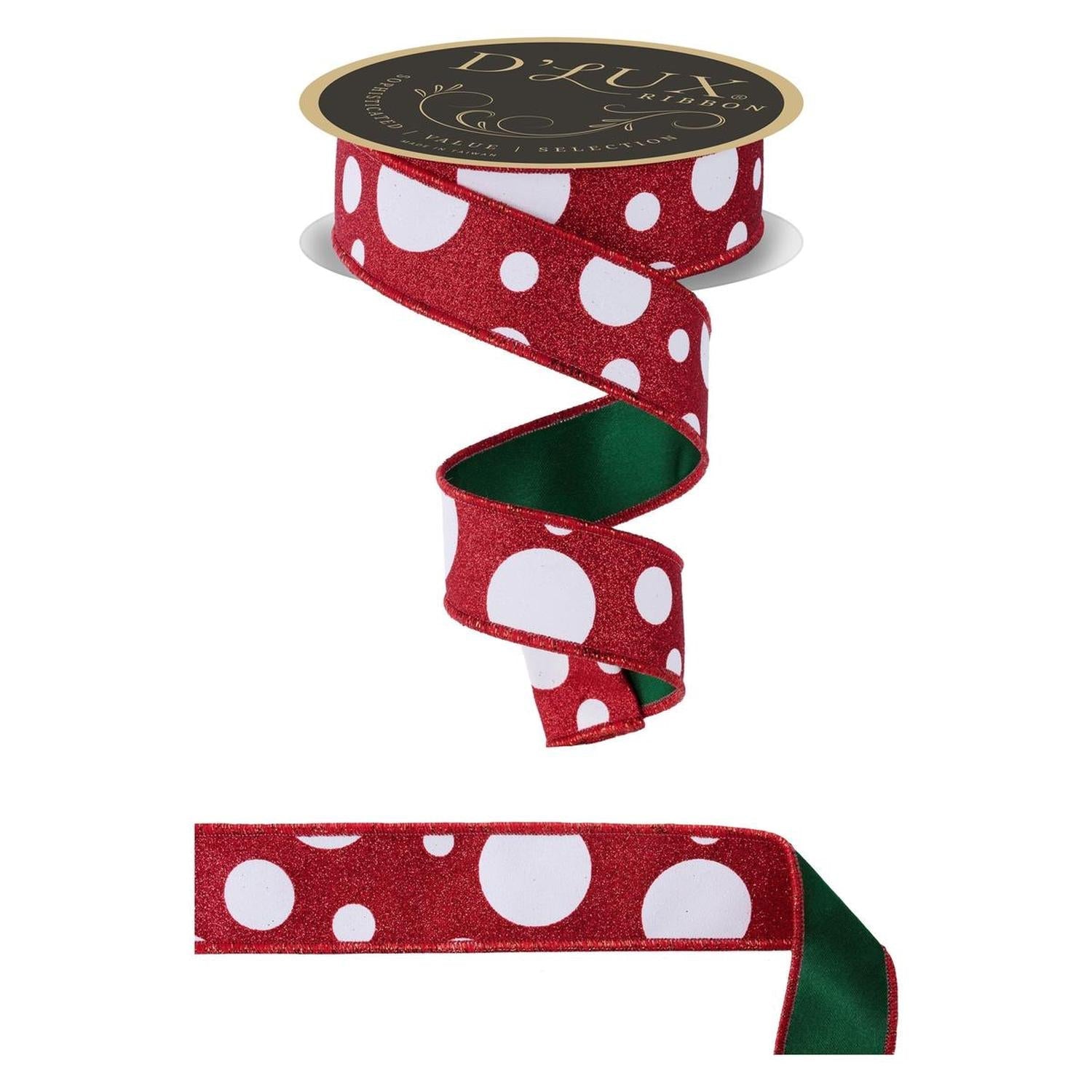 1.5 in Giant Polka Dot Fused Ribbon: Red/Green (10 Yards)