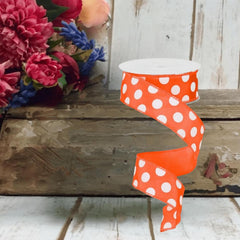 1.5" Large Polka Dot Ribbon: Orange/White (10 Yards)