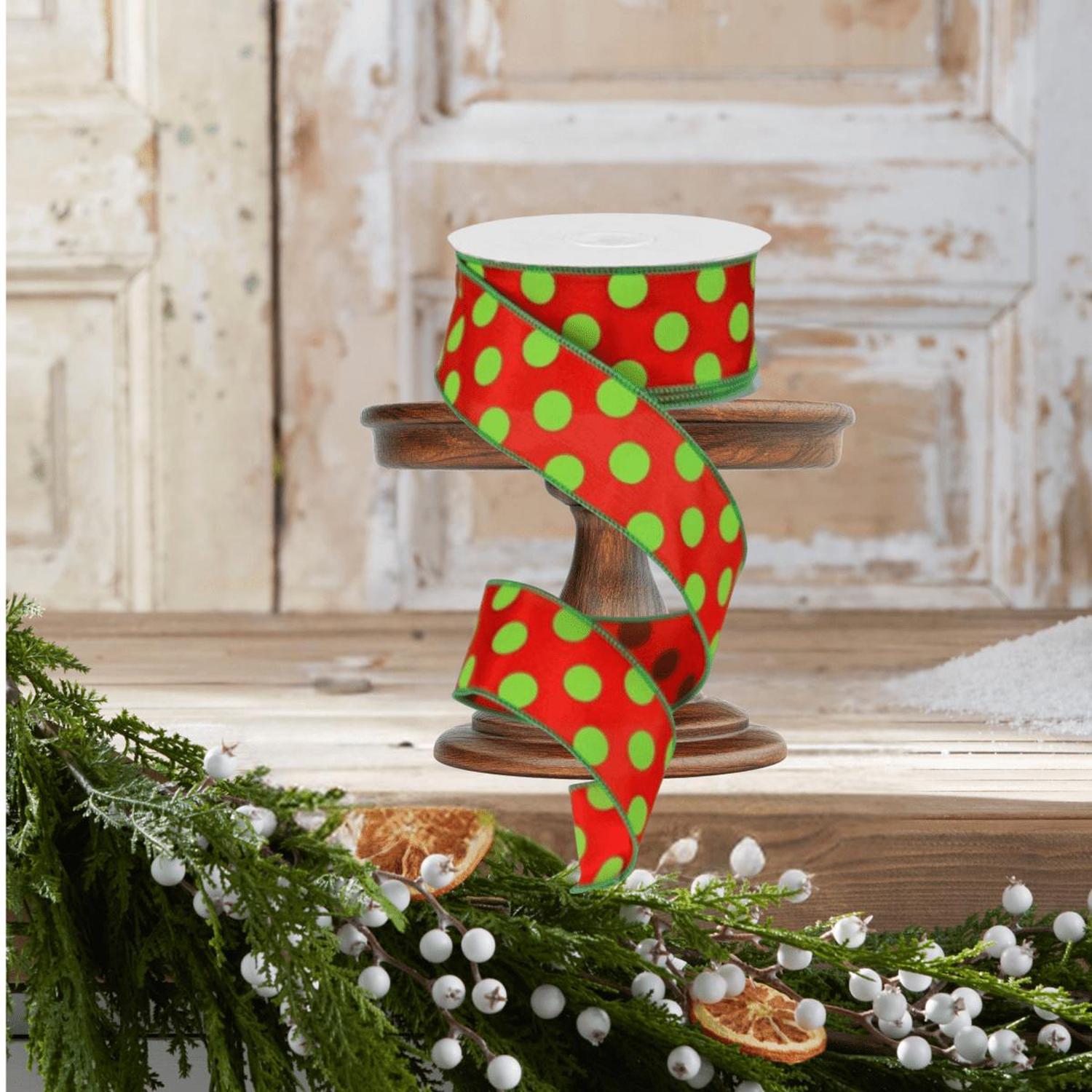 1.5" Large Polka Dot Ribbon: Red & Lime Green (10 Yards)